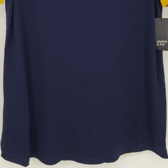 Crown & Ivy Knit Ruffle Trim Tee Shirt Top XS Short Sleeves Navy Blue Yellow NEW - Picture 6 of 8